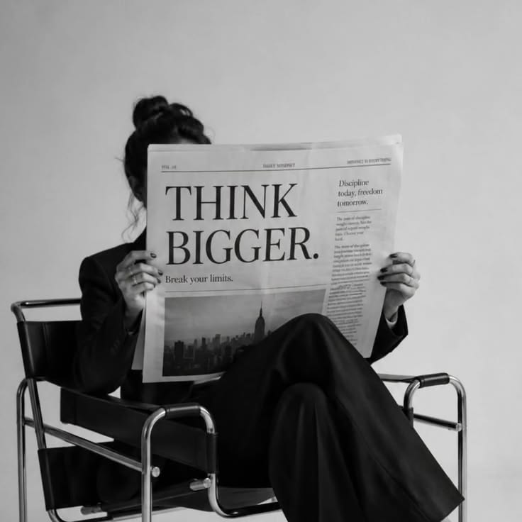 Woman seated holding up a newspaper reading "Think Bigger, break your limits"